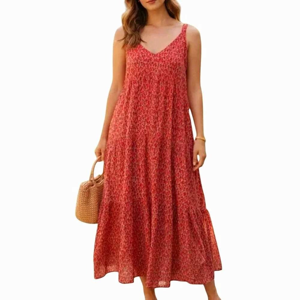 Joie Tea Rose Red Pink Abstract Print Tiered Midi Dress XL Sleeveless V-Neck